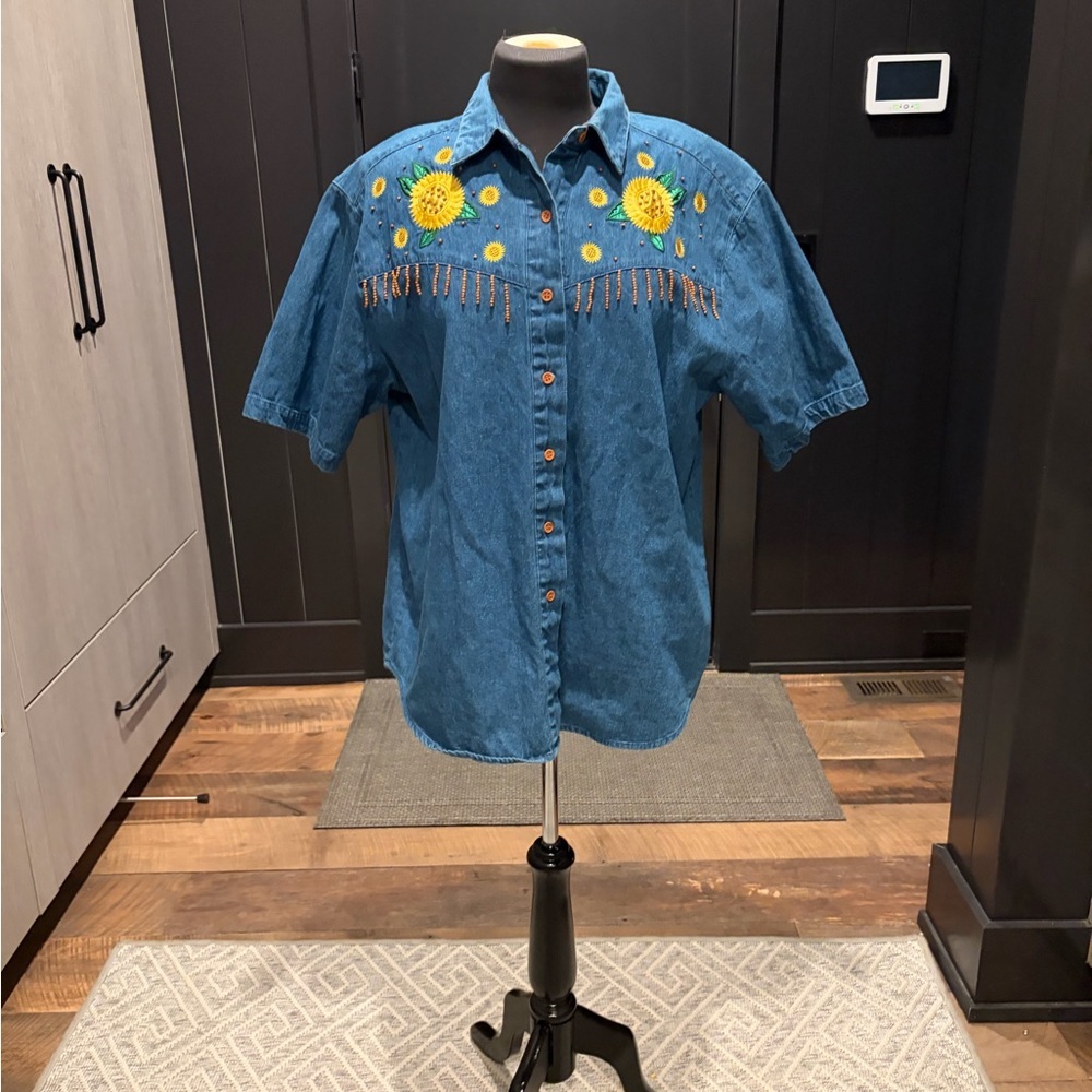 Vintage Westbound Embroidered Denim Shirt Sunflower Beaded XL